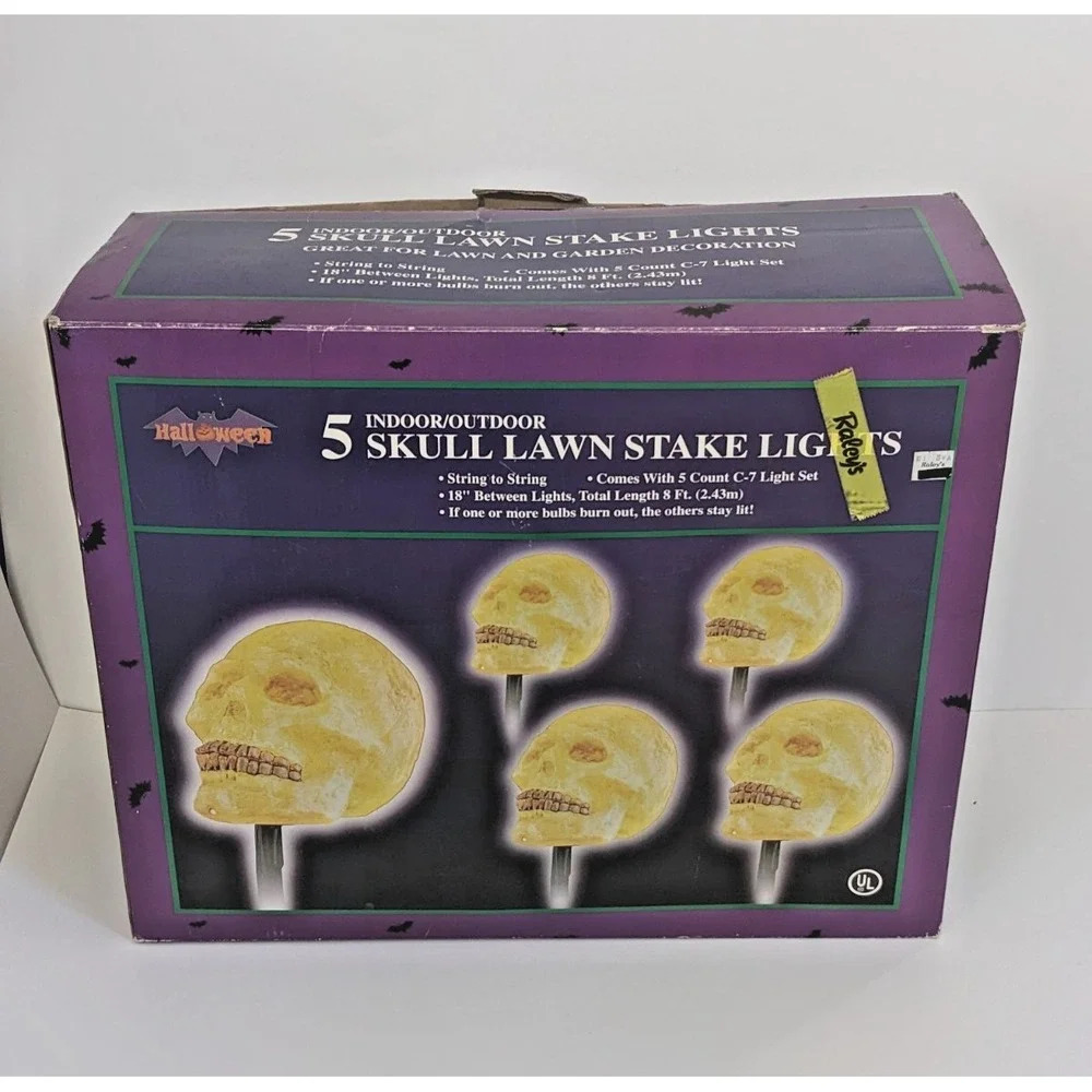 Vintage Halloween Skull Lawn Stake Lights Set of 5‎ Outdoor Yard Path Lights C7